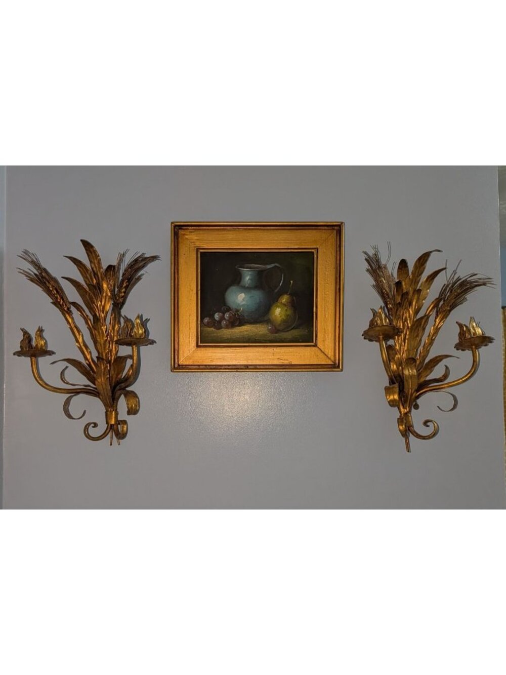Pair of Vintage Italian Florentine Wheat Leaf Wall Sconces 17" MCM Gold Metal - Picture 2 of 16